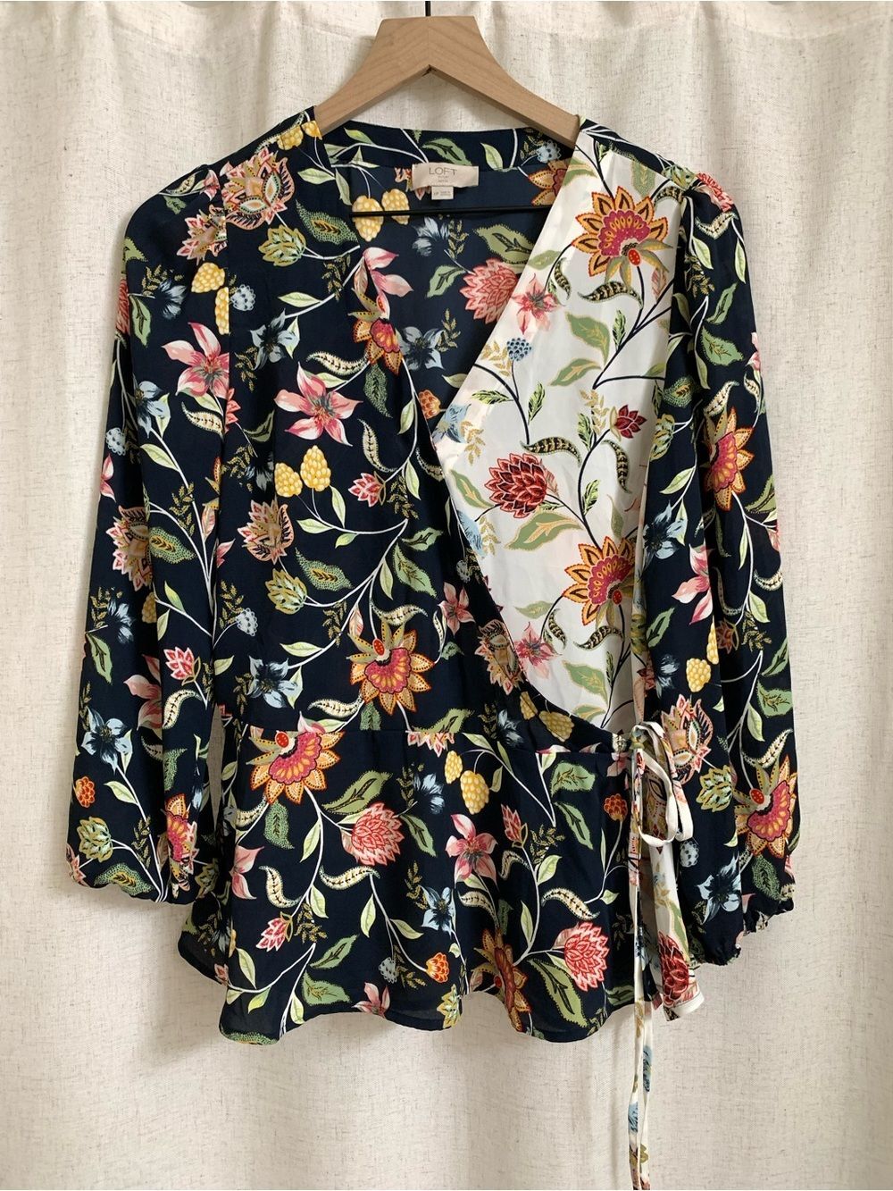 LOFT Navy Floral Wrap Blouse with Multicolor Bloom Print Balloon Sleeve MP
